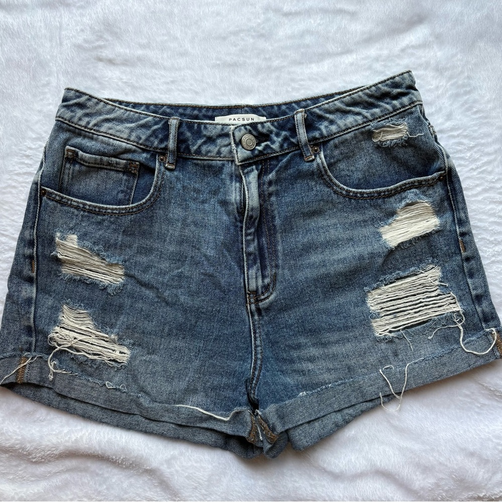 PacSun Women's Ripped Jean Shorts - Dark Blue